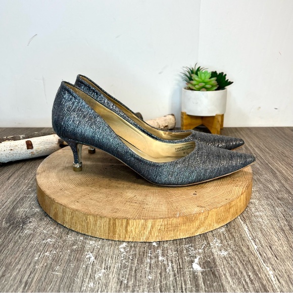 *Badgley Mischka | Silver Metallic Fabric Pumps with Jeweled Heels Size 9.5 - Picture 8 of 16